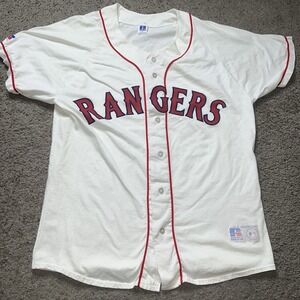 Vintage Russell Athletic Texas Rangers Jersey Large White Red Baseball MLB 90s